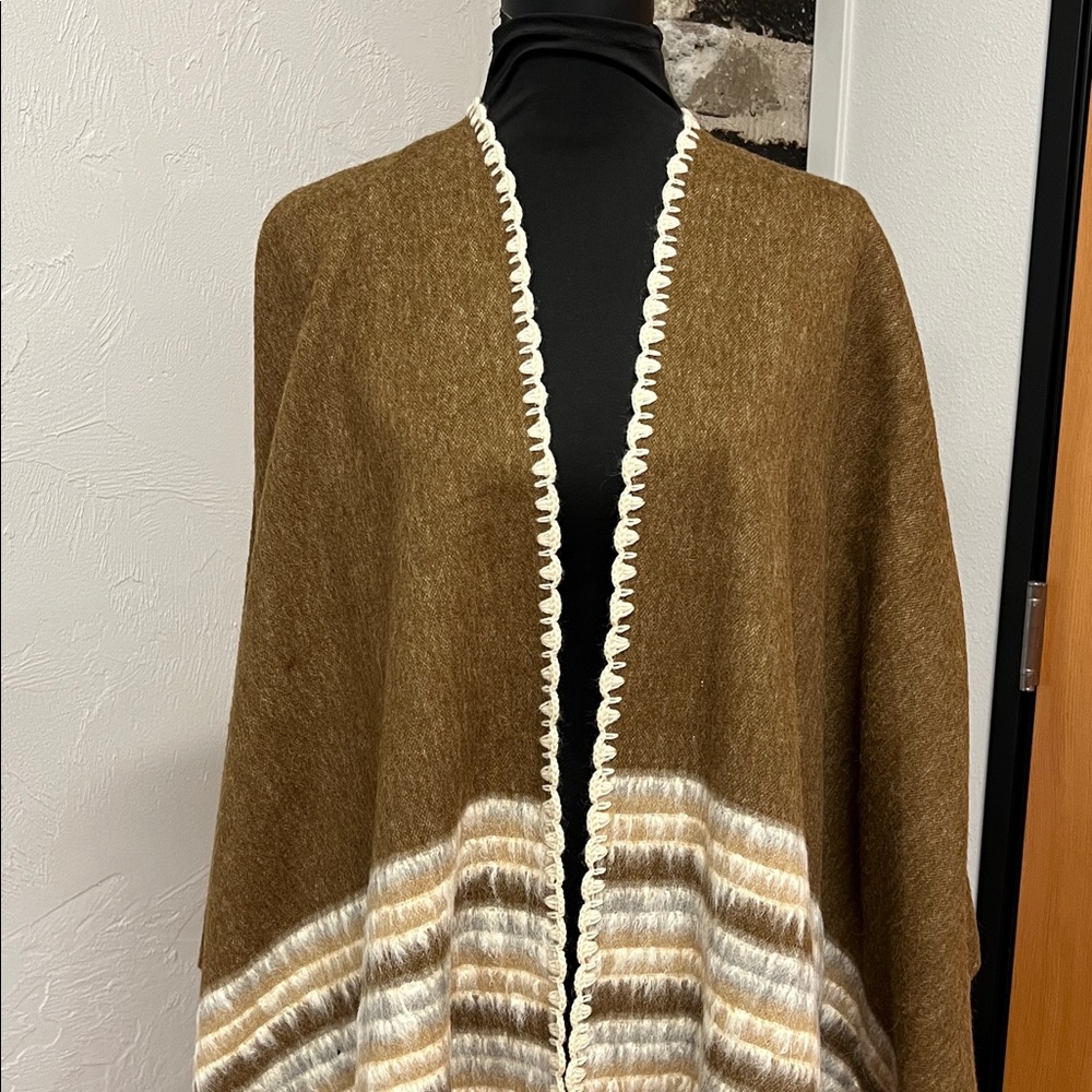 Open-Front Brown and White Striped Poncho with Whipstitch Trim and Fringed Hem
